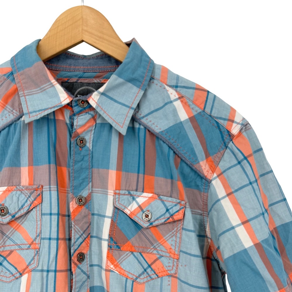 BKE Athletic Fit Mens Blue Orange Plaid Short Sleeve Button Down Shirt Large